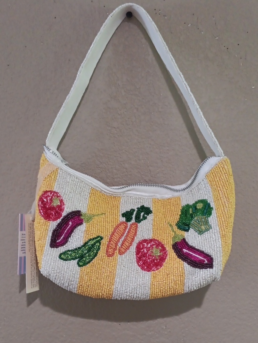 Beaded Vegetable Stripe Shoulder Bag in Yellow and White